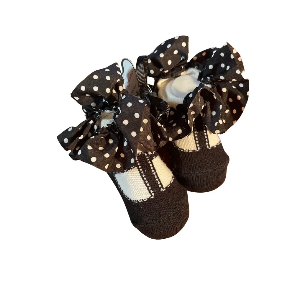 Mud Pie Newborn Polka Dot Ruffle Sock Shoes Black White 0-12 Months - Picture 3 of 8